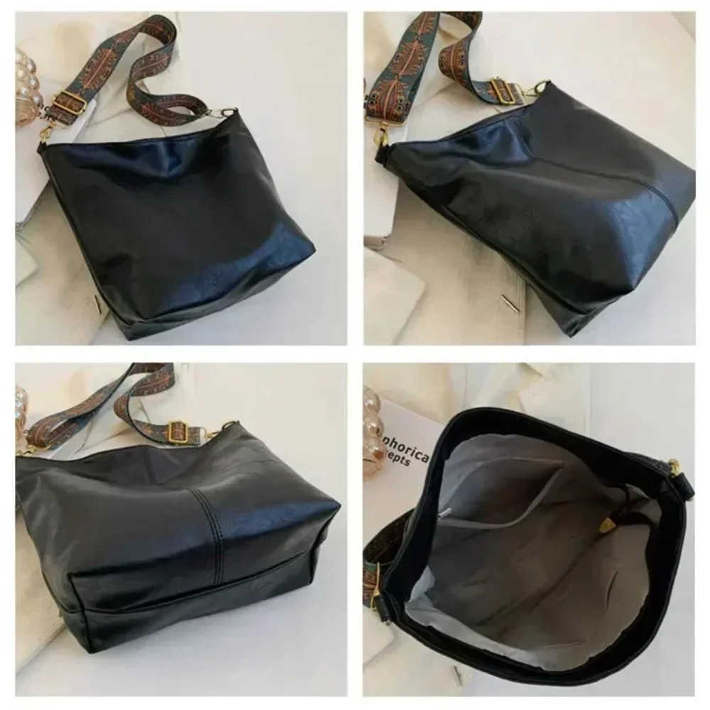 Vintage Solid Color PU Leather Women Fashion Shoulder Sling Shopping High-Capacity Simple Wide Strap Bucket Crossbody Bag Commuting Z250416