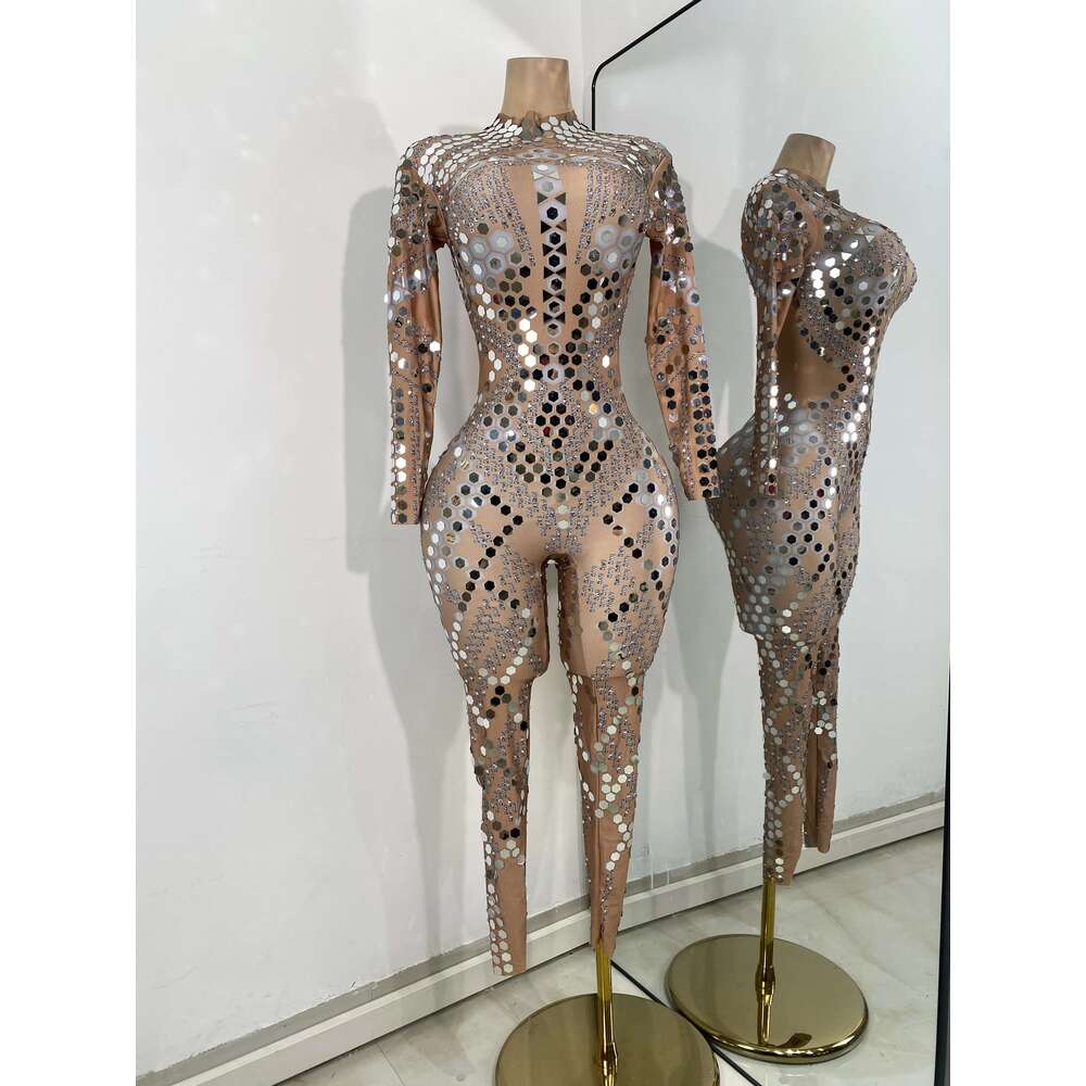 Women Sexy Spandex Tight Jumpsuit Long Sleeve Mirrors Cosplay Costume Nightclub Dancer Outfit Performance Stage Wear