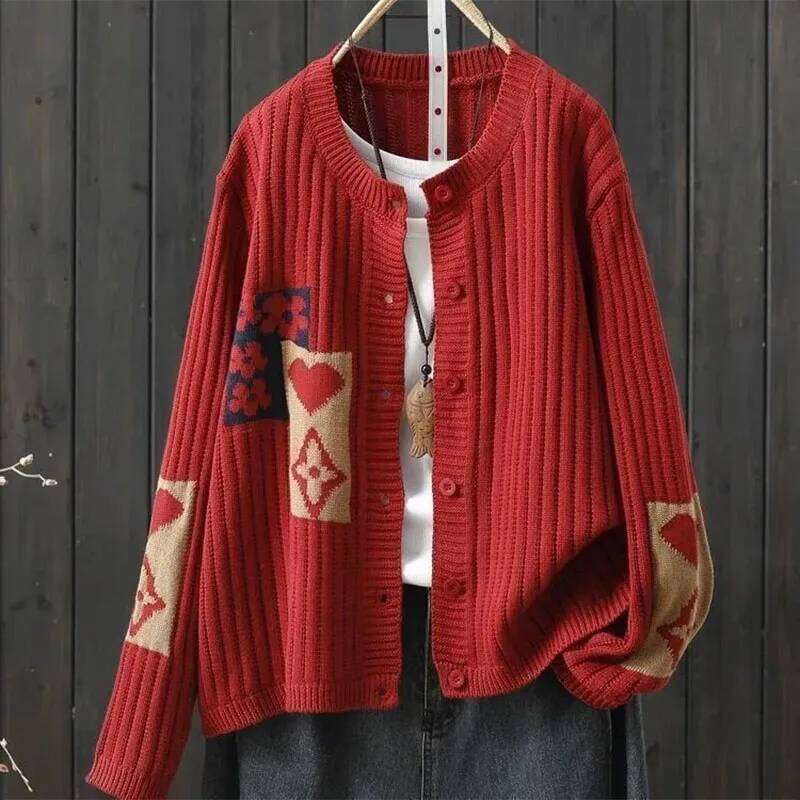 Women's Clothing Jacquard Casual Sweaters Autumn Long Sleeve Loose Knit Floral Cardigan Lady O-Neck All-Match Fashion Top Coat