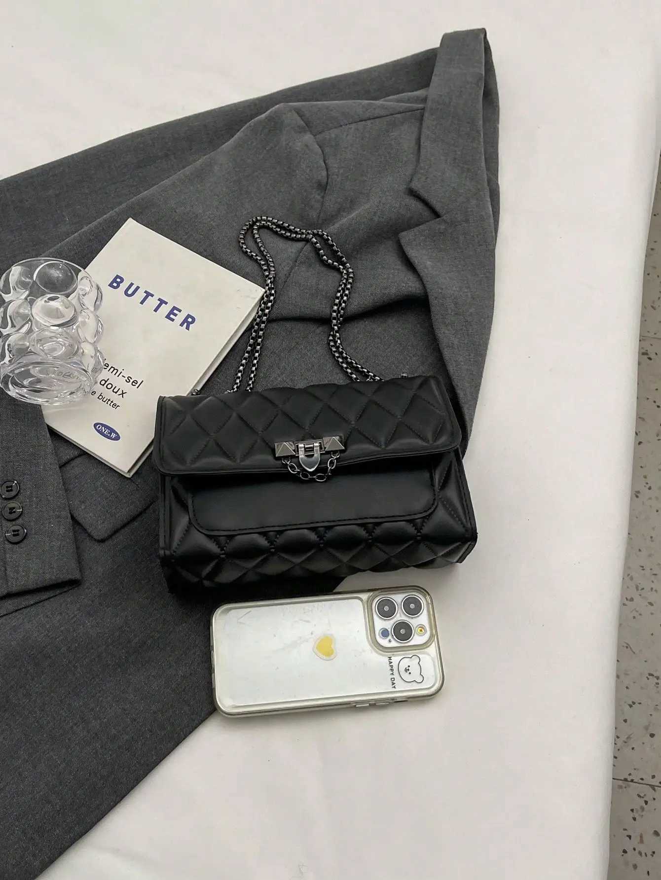 Fashionable Embossed Square Crossbody Bag Diamond Pattern Metal Chain Handbag All-Match Quilted Chain Bag Womens Classic PurseW251115