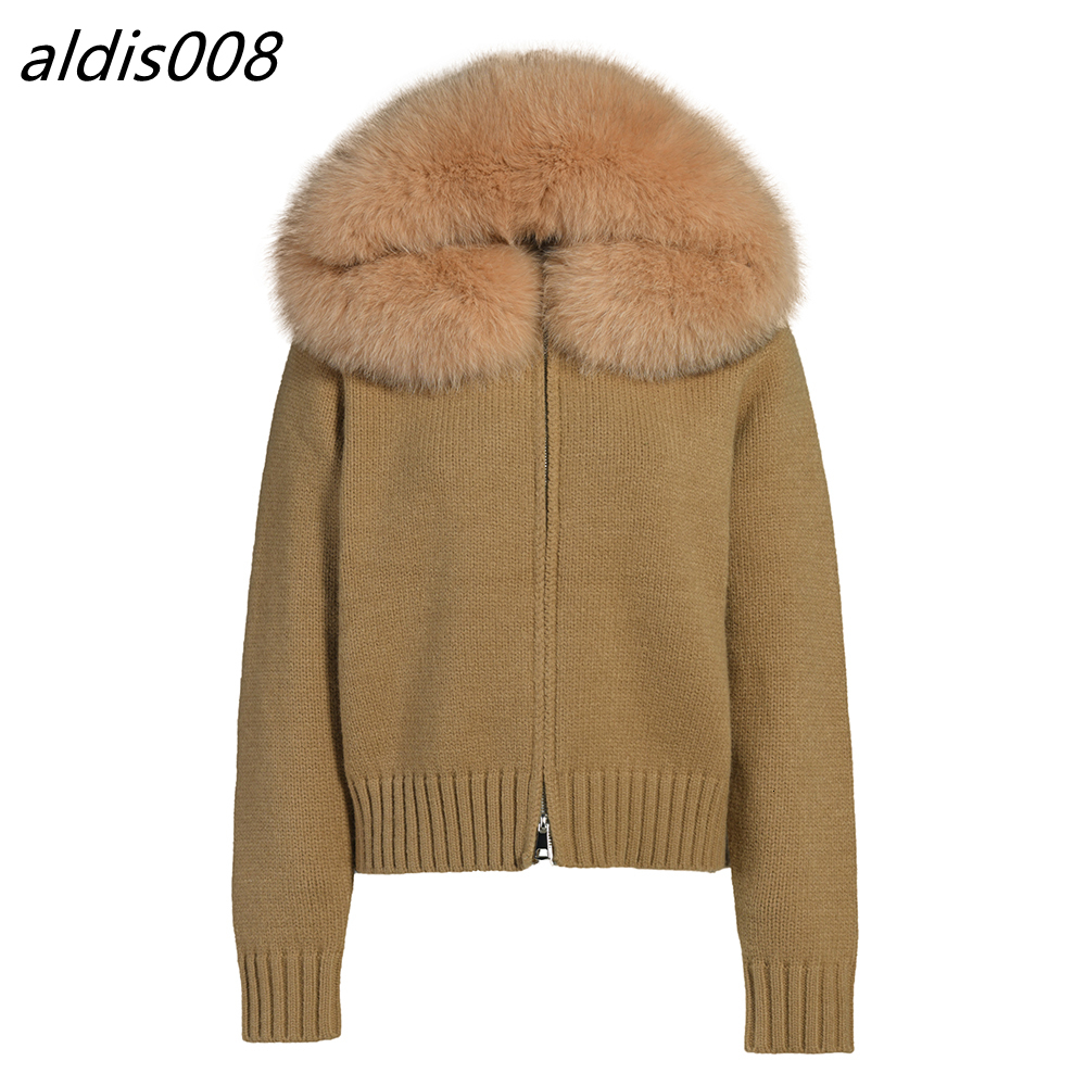 Custom Colors Long Sleeve Hoodie Knitted Coat Zipper Cardigan Luxury Fluffy Real Fox Fur Collar Hooded Alpaca Wool Sweater Women