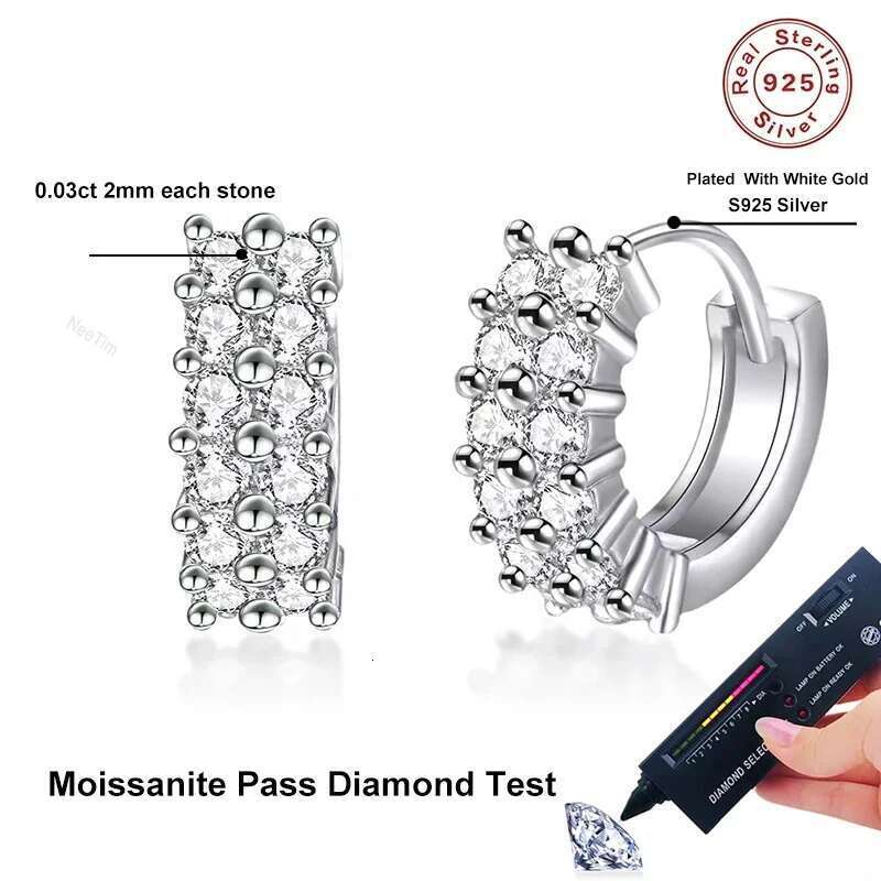 NeeTim 2mm Full Moissanite Earrings Women Quality Party S Sterg Sier with White Gold Plated Hoop Wedding Earring