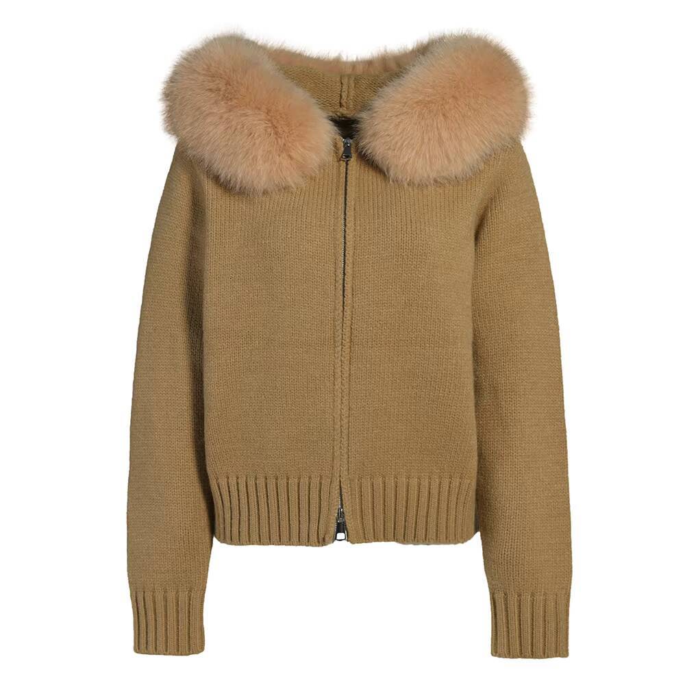 Custom Colors Long Sleeve Hoodie Knitted Coat Zipper Cardigan Luxury Fluffy Real Fox Fur Collar Hooded Alpaca Wool Sweater Women