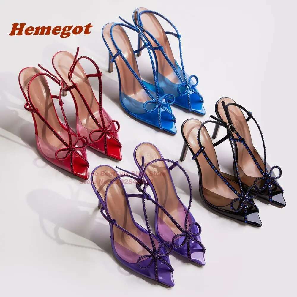 Crystal Butterfly-Knot Pointed Toe Thin Heels Sgback Women's Sandals Rhie Party Wedding Shoes 2024 New