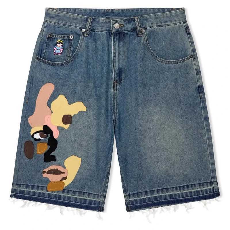 Y2K retro bag denim shorts art pattern decal embroidery high-quality hip-hop jeans mens street graffiti clothing Z250416