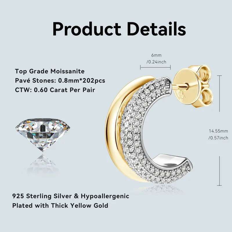 RAPRGOLD Round Cut Moissanite C-shaped Stud Earring for Women Girl Sterg Sier Piercing Earrings Jewelry Gift Pendientes