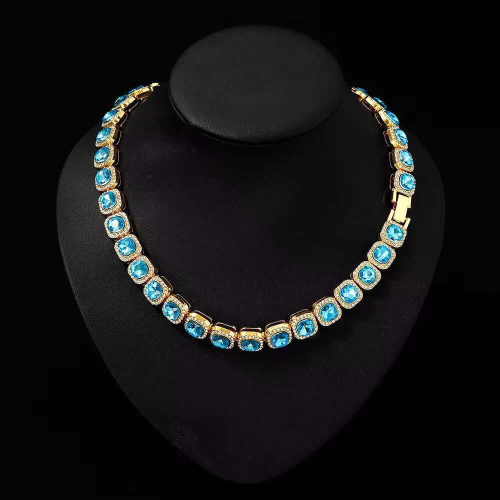 DHCollections Iced Out Cuban Link Chain Necklace 12mm Wide Blue Gem Tennis Style Hip Hop Accessory Gold Silver Color for Men Women 18-24 Inch 1 Piece