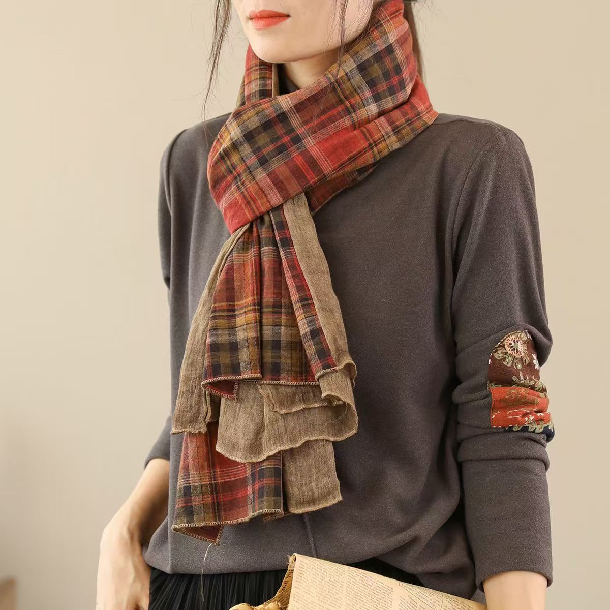 T485 autumn new art plaid color matching linen ethnic style cotton and linen warm scarf winter women's high-end