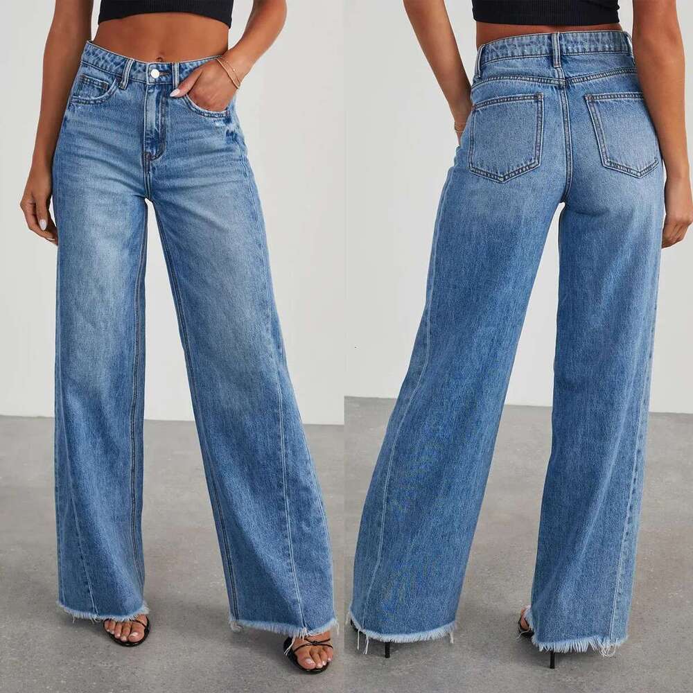 Designer Clothing Jeans Women Straight Long Pants Casual Or Length Mom Pant Blue High Waist Elegant Splice Pockets Slim Y2k Denim Trousers