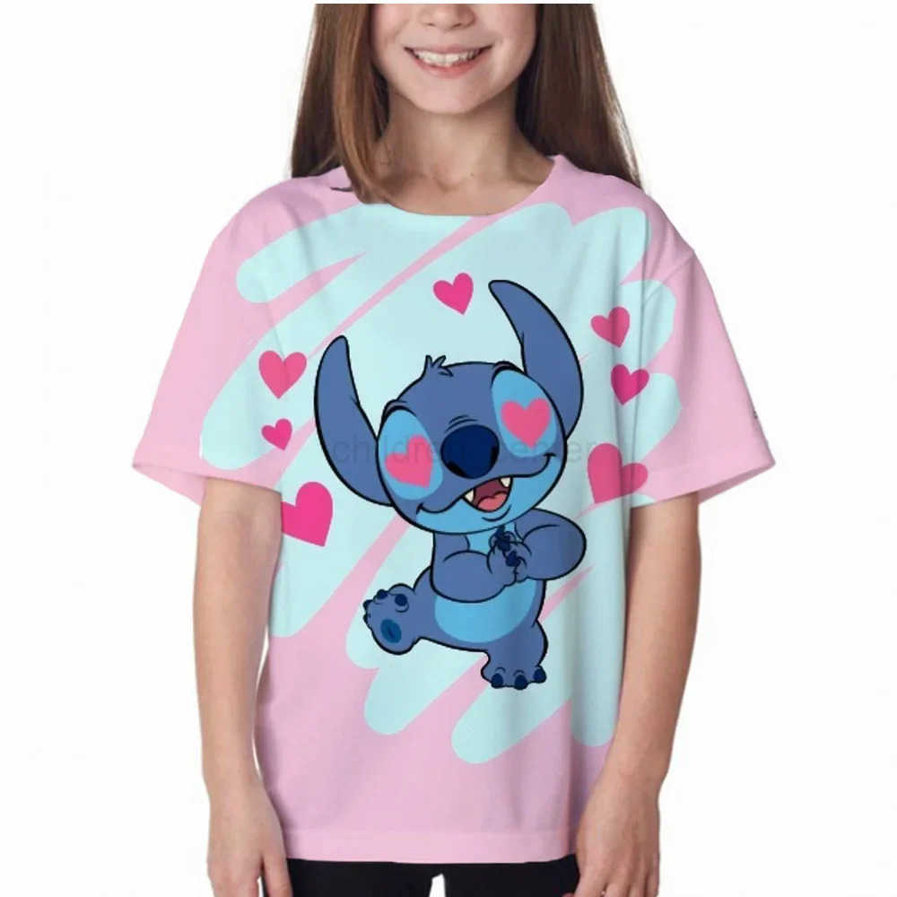 Disney 2024 Summer Disney Stitch Kids 3D Print Tees 1-14 Years T-shirt Children Cartoon Style Tops Short Sleeves Tees Kids T Shirt W250617