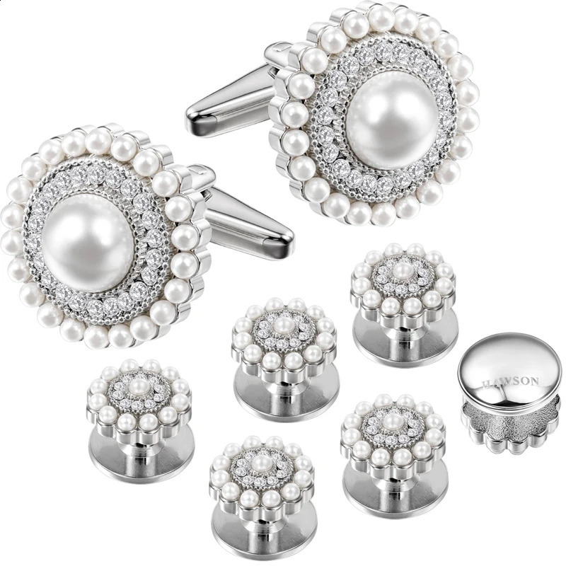 Hassons elegant mens cufflink stud set classic white pearl and crystal tailcoat shirt carved Hasson cuffs 250415