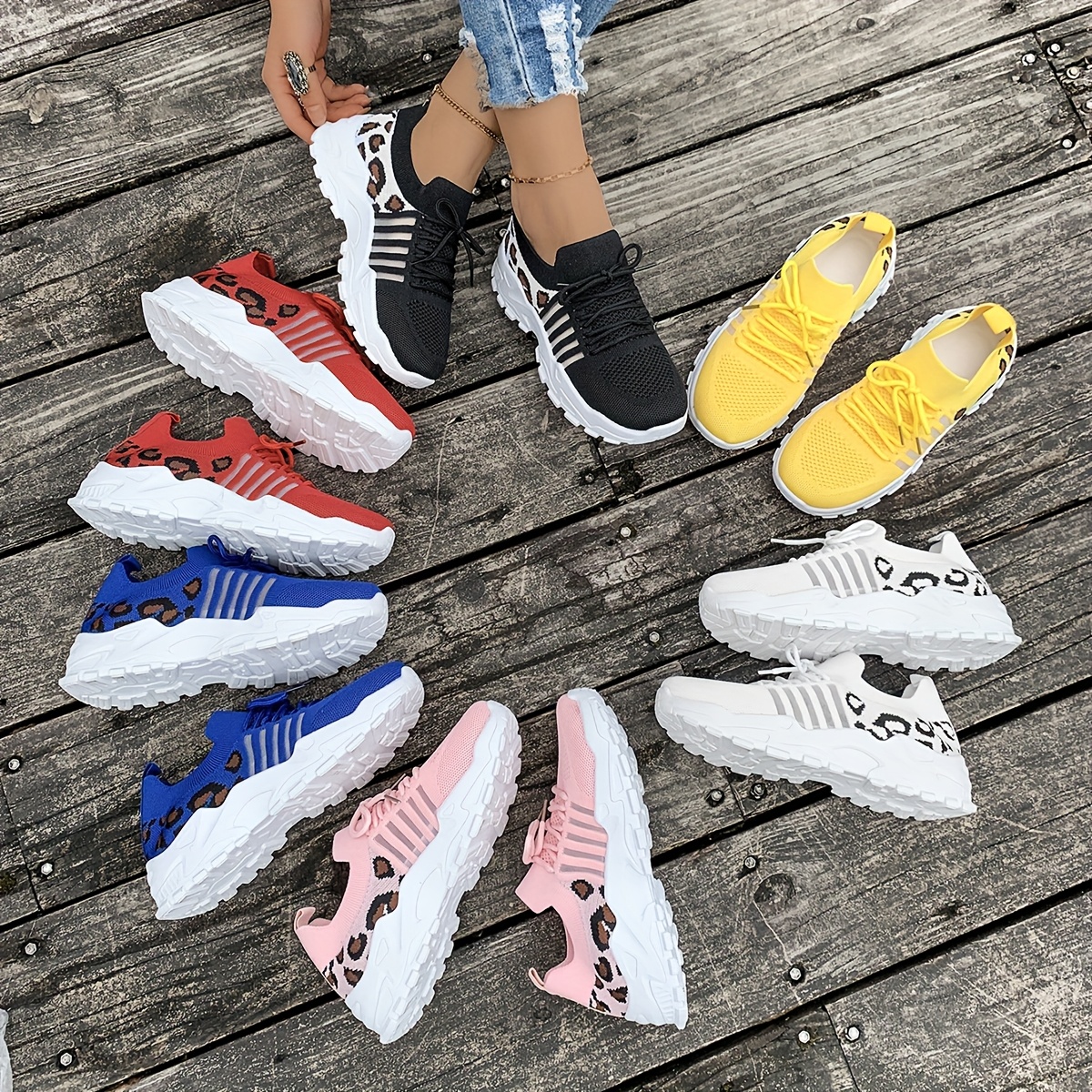 Women's Casual Athletic Sneakers Breathable Mesh Leopard Print, Lightweight Lace Up Running Shoes