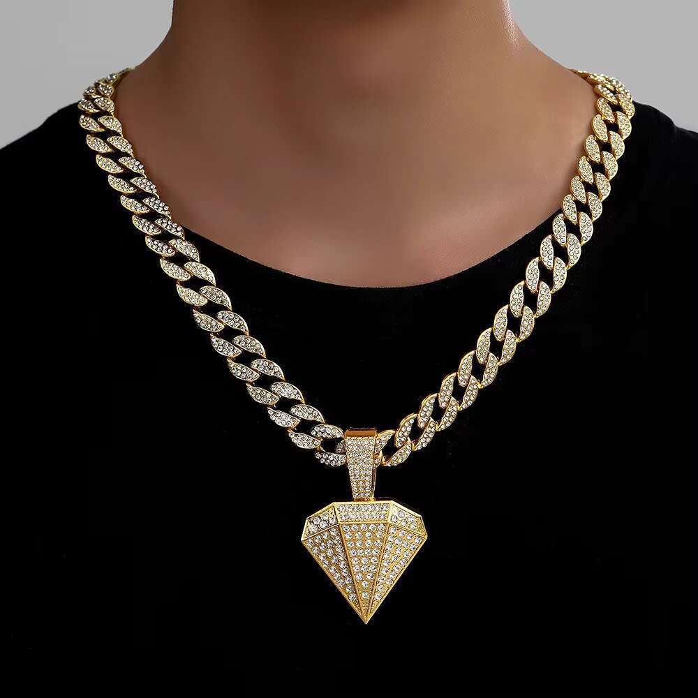 DHCollections Dia Shape Pendant Necklace Iced Out Cuban Chain 15MM Hip Hop Bling Jewellery for Men Women Gold Sier Color 18 Inch 1 Piece