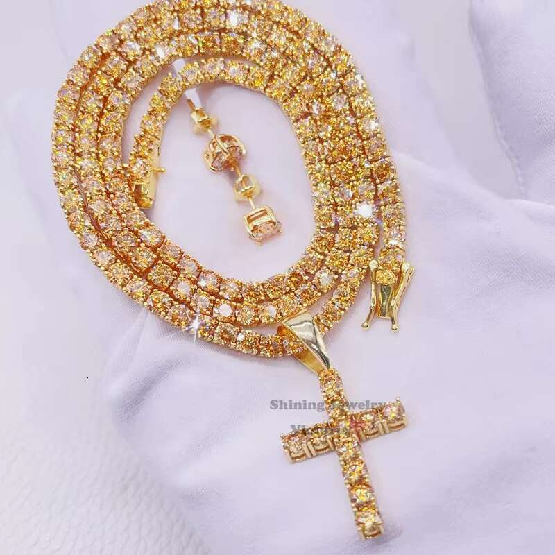 4MM Sterling Silver Yellow Gold Champagne Color Moissanite Cross Charm Jewelry Set Tennis Chain Set with 6.5mm Stud Earrings