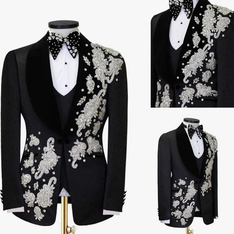 Luxury Beads Men Suits Customized Appliques Groom Wedding Party Tuxedos 2 Pieces Slim Fit Male Blazer Vest Costumes Homme