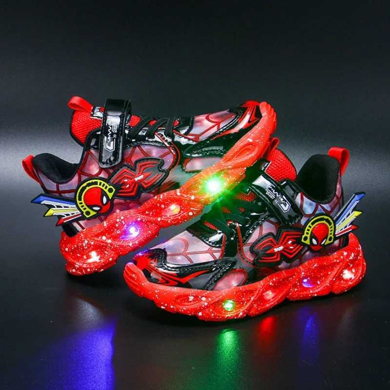 Disney Boy Spider Man sneakers Disney LED childrens sneakers student shoes fashionable anti slip childrens outdoor shoes Pu leather shoesXJ250416