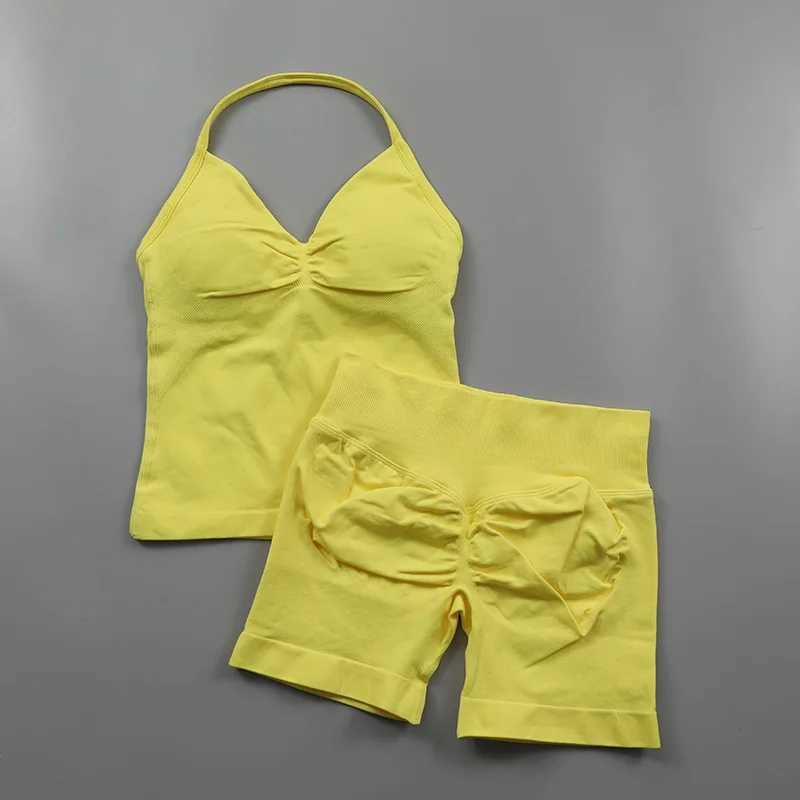 Impact seamless yoga set womens 2Pcs pad hanger tank top threaded hip lift gym shorts set summer sportswear workout suit Z250415