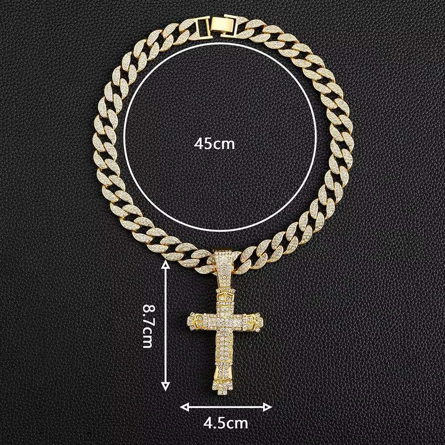 DHcollection Iced Out 15mm Width Cuban k Chain With Hip Hop Alloy and Rhie Big Buckle Cross Pendant Necklace