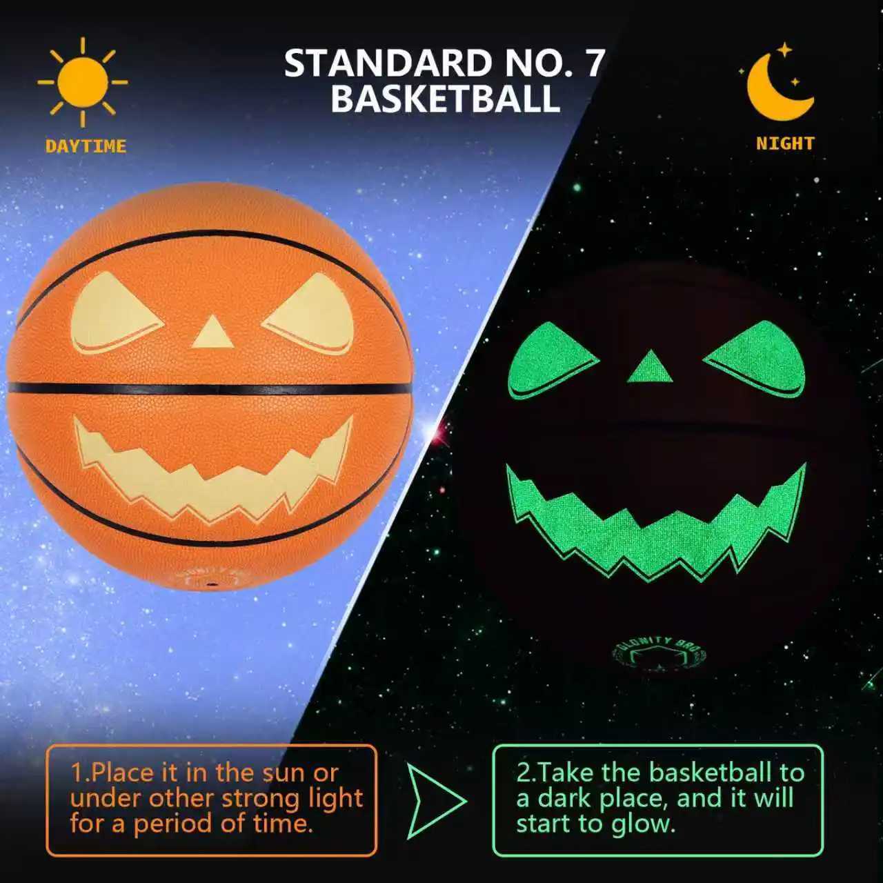 Jack-O-Lantern Basketball Halloween Standard Luminous Durable Ball Soft PU Leather For Adult Kid Size 7 Basketball Orange/BlackW251115
