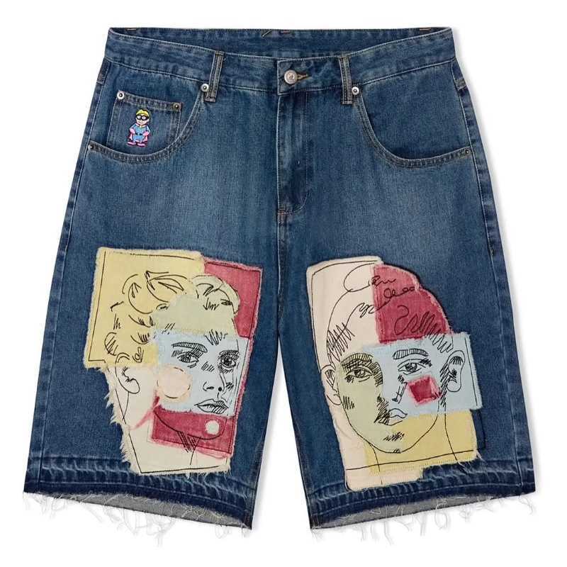 Y2K retro bag denim shorts art pattern decal embroidery high-quality hip-hop jeans mens street graffiti clothing Z250416