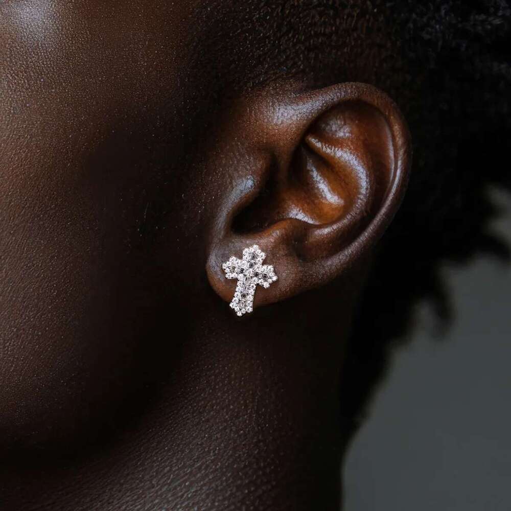 AnuJewel 1cttw Iced Moissanite Cross Stud Earrings Sterg Sier Pimped Out Earring New Age Hip Hop Jewelry for Men