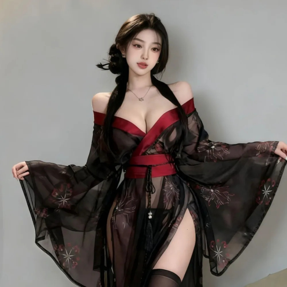 Erotic Transparent Women Kimono Set Cute Japanese Printed Sexy Pajama Gauze Ancient Hanfu Bathrobe Lingerie Maid Uniform 251114