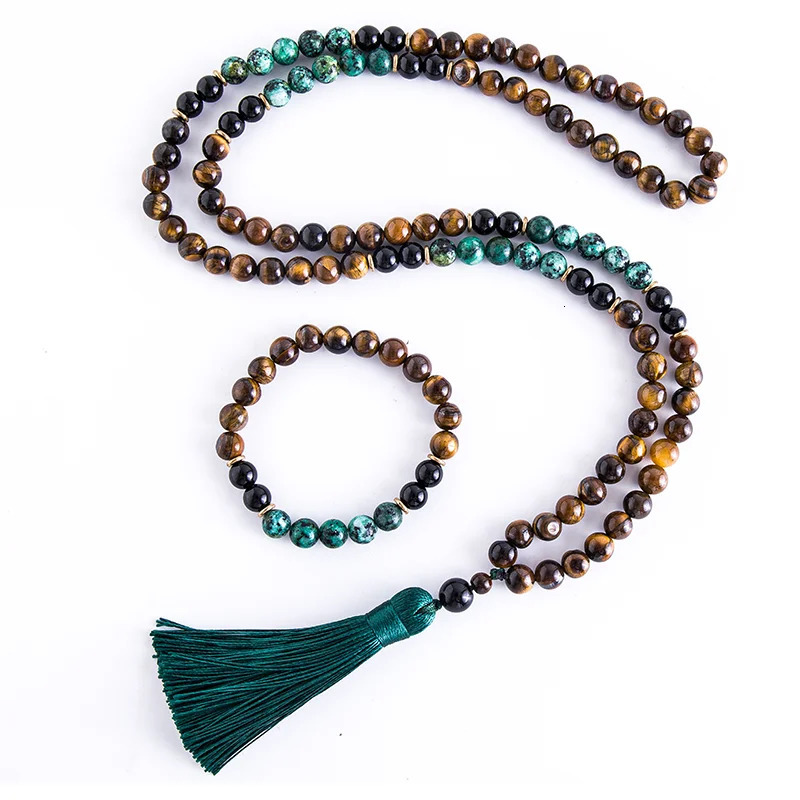 8mm yellow tiger eye Turquesa African black agate Japamala set meditation yoga spiritual jewelry 108 Mala bead tassel necklace 250409