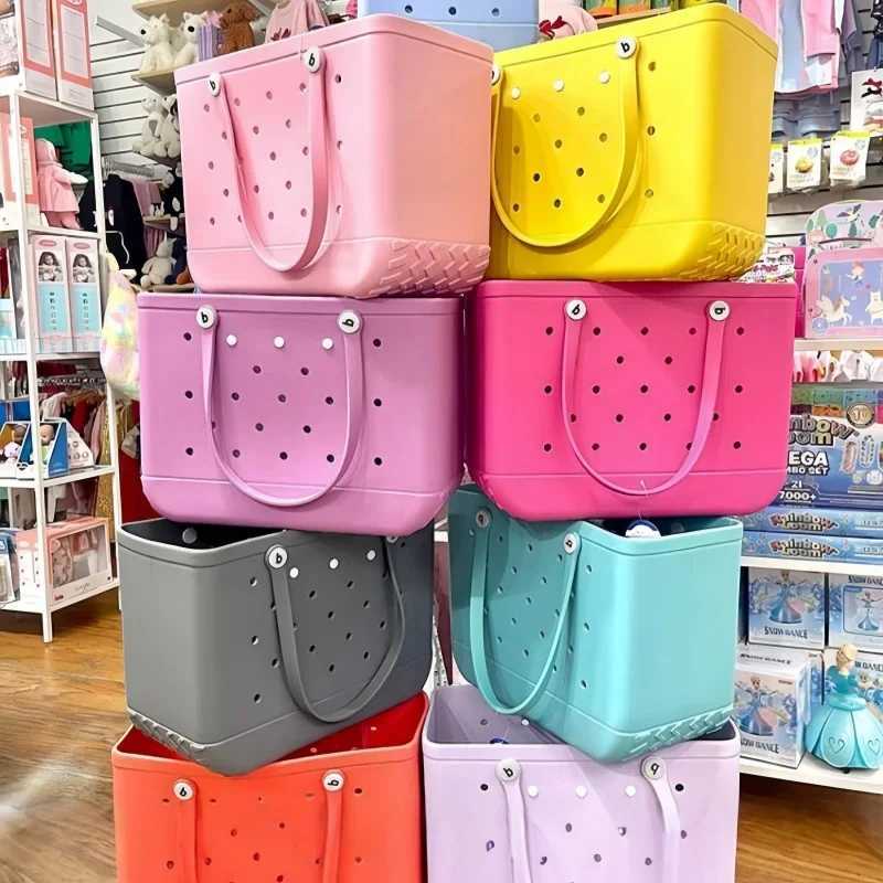 M/L/XL Fashion Beach Bag EVA Rubber Waterproof Storage Basket Travel Shopping Handbag Womens Shoulder Solid Color Handbag Z250416-1