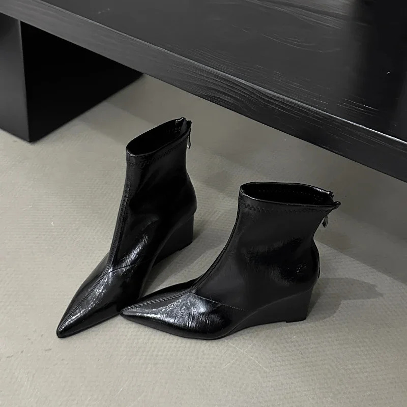 Womens Patent Leather Wedge Ankle Boots Elegant Pointed Toe Footwear Fashion Wedges Heel Party Ladies Pumps Zapatos Mujer 251114 - view 7