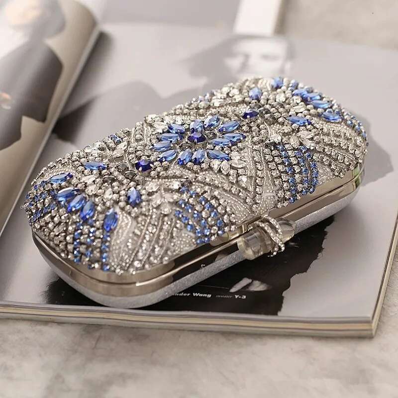 Women Party Blue Evening Wedding Purse Crystal Chain Shoulder Bag High Quality Rhie Female Clutch