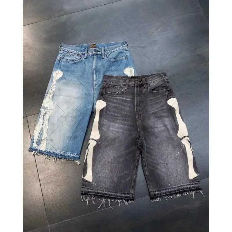 Summer retro skeleton denim shorts sports casual shorts new couples wear street style 55 pants 2025 Europe and the United States Z250416