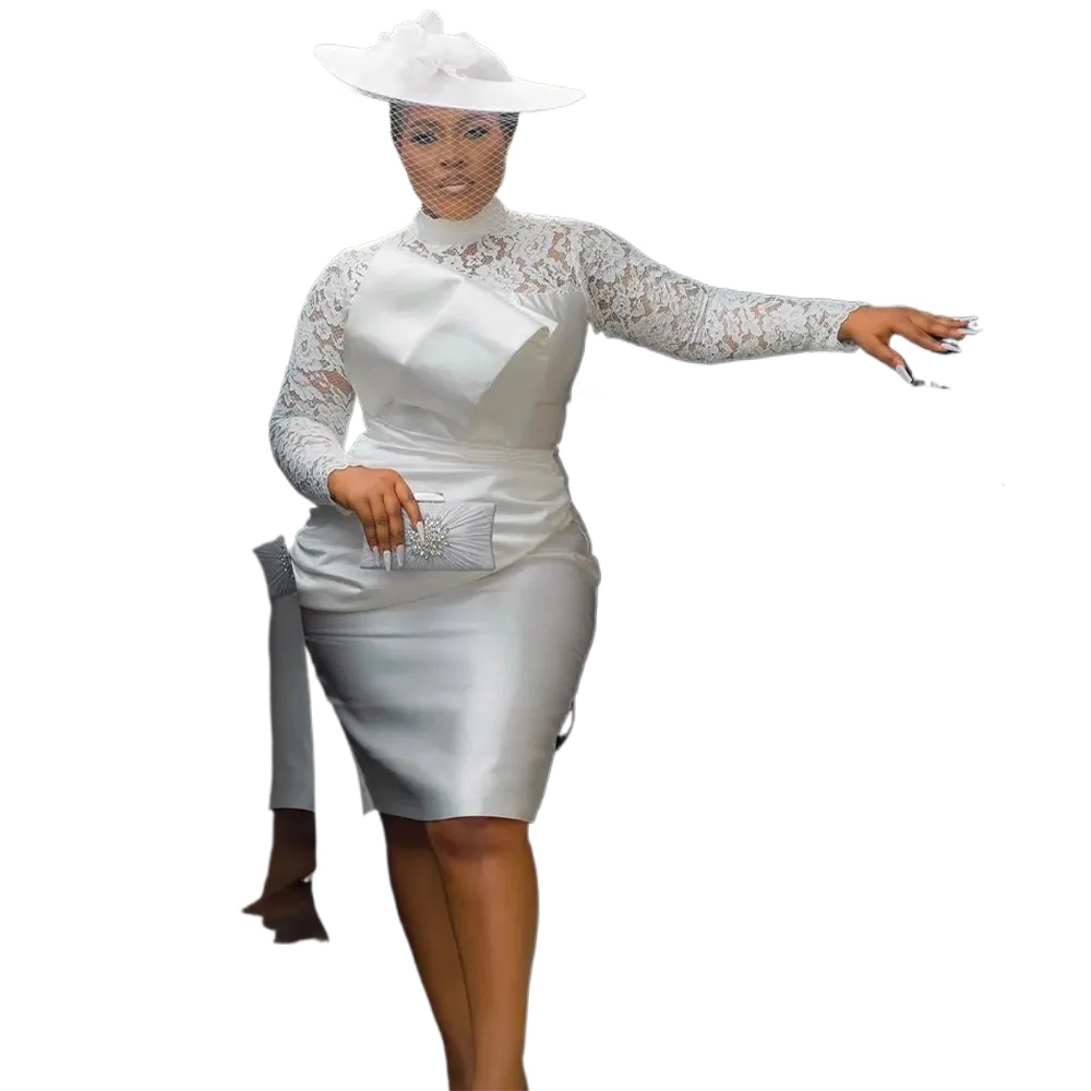 Wedding Dresses For Women Bride Lace Long Sleeves Short Gowns High Collar Knee Length Sheath Bridal Dress N15 B0312