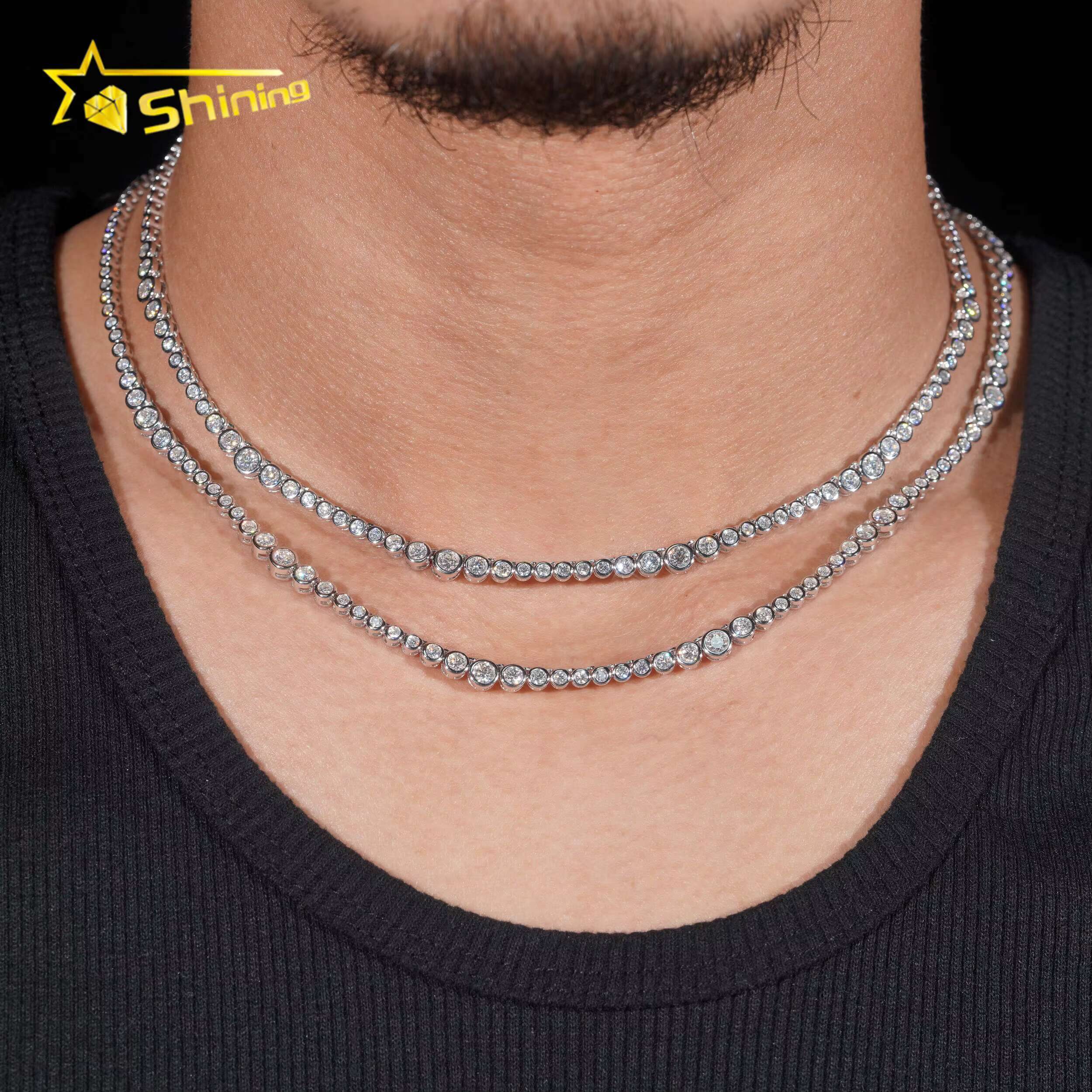 New Fancy Design Bezel Moissanite Choker Necklaces 925 Sterling Silver 2MM Hip Hop Moissanite Tennis Chain for Men Women