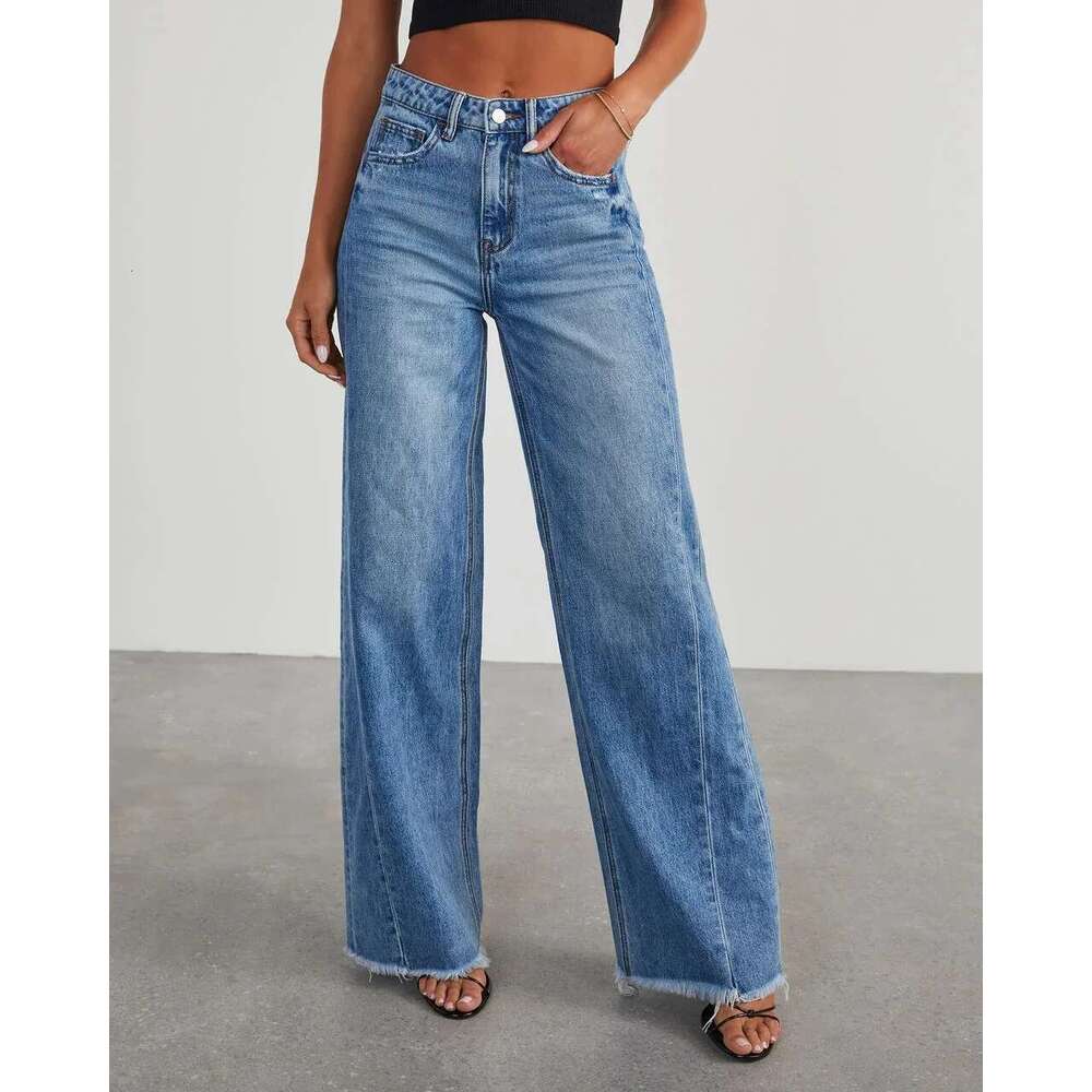 Designer Clothing Jeans Women Straight Long Pants Casual Or Length Mom Pant Blue High Waist Elegant Splice Pockets Slim Y2k Denim Trousers
