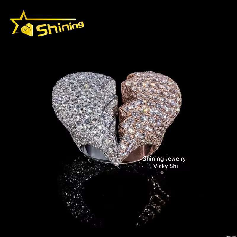 New Iced Out Design Heart Ring Custom Rapper Jewelry Hip Hop Ring 925 Sterling Silver VVS Moissanite Broken Heart Ring