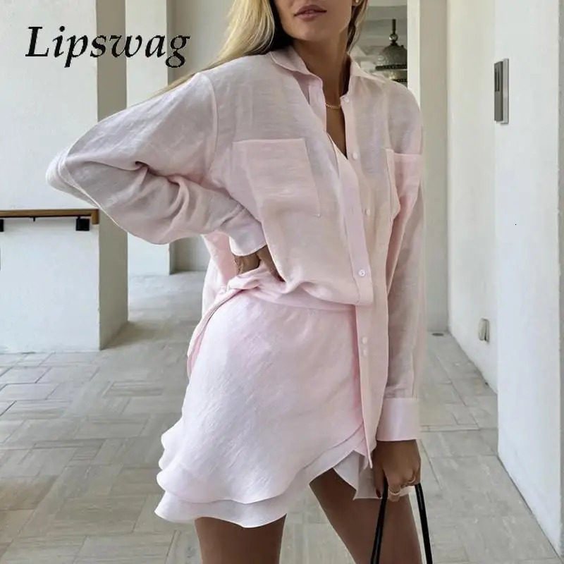 Womens vacation dress set holiday button long sleeved shirt and mini dress set womens elegant solid edge pleated slim fit twopiece set 250414Z