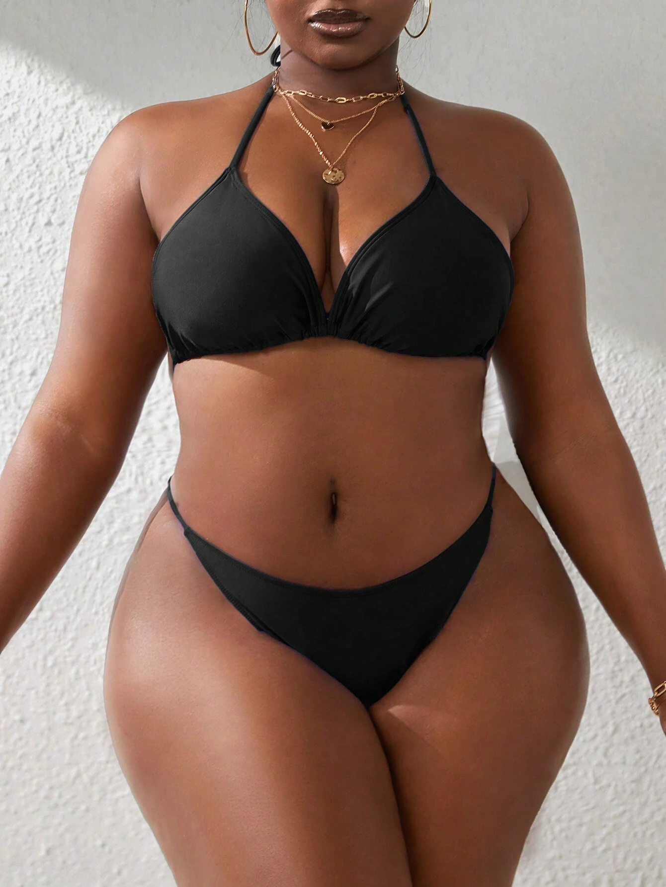 Women's Plus Size Swimsuits 3 Piece Halter Triangle Bikini Set with Drawstring Semi Sheer Cover Up Bathing Suit