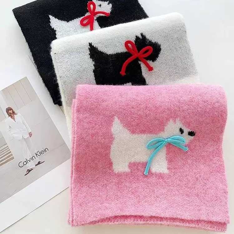 Luxury Winter warm scarf for women sweet cool rabbit handmade bow winter knitted wool imitation cashmere scarf solid color cartoon Y251115