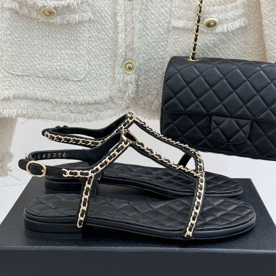 Top quality Simple fashion Real leather Chain flat sandal slides buckle Women's Beach flats Vacation shoes Luxury designer sandal Factory footwear Walking shoes