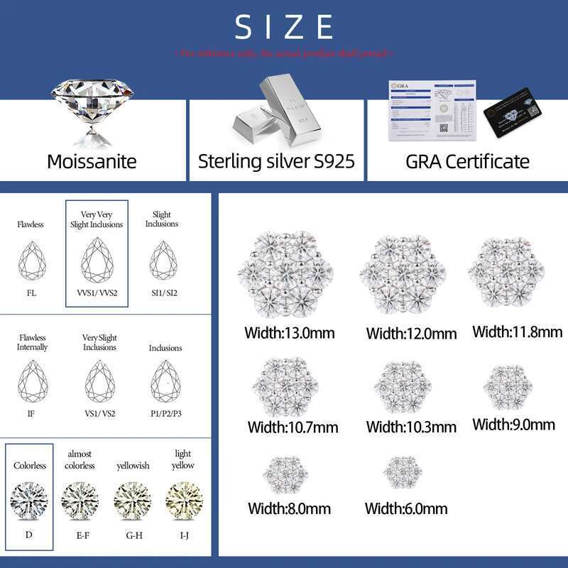 Hot Sterg Sier Moissanite Stud Earrings 7 Stones wer Women Earring Engagement Fine Jewelry Earings 8 Sizes New 2024
