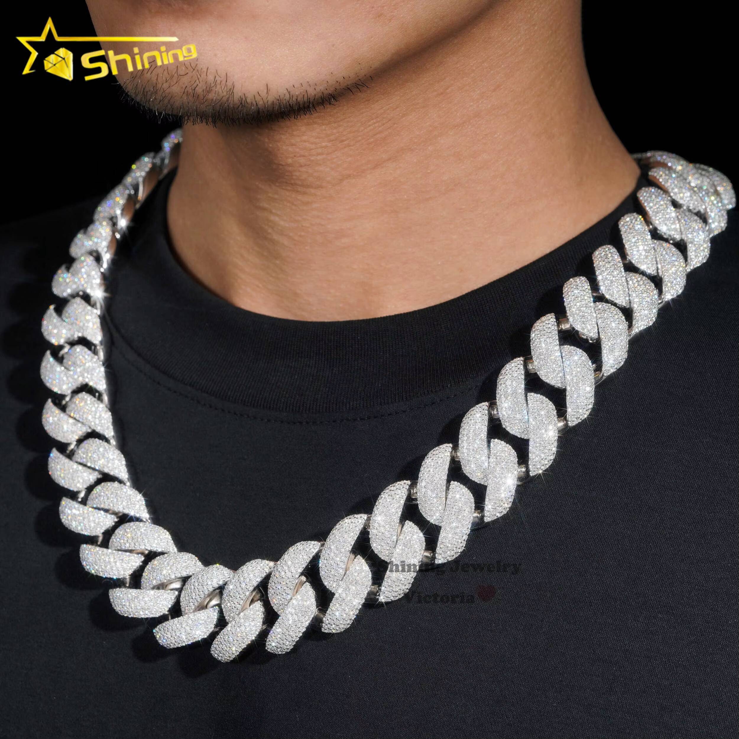 Shining Jewelry Hip Hop Iced Out Miami Cuban Chain 25MM Thick 925 Silver Lab Grown Diamond 14K Gold Plated Cuban Link Chain