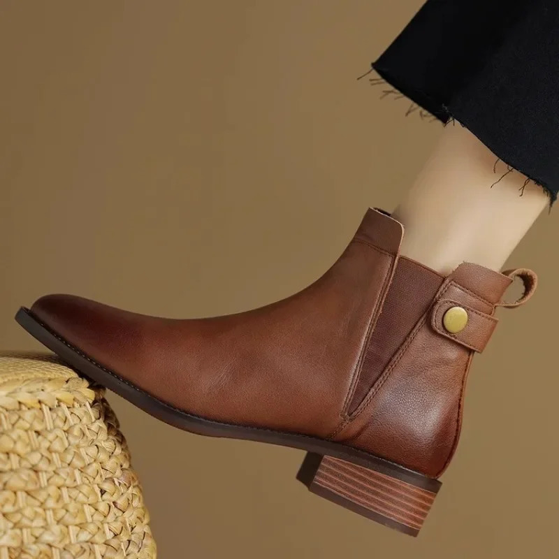 Leather Short Boots Women Winter Round Toe Solid Color Retro Ankle Boots Ladies Chelsea Boot Soft Booties 250415