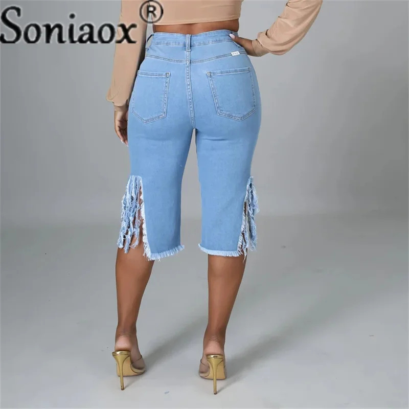 Summer Bermuda Shorts Women Ripped Cotton Knee Length High Waist Casual Denim Shorts Ladies Blue Sexy Straight Jean Shorts 250415