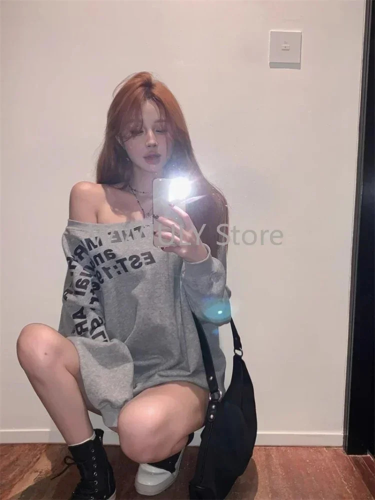 Woman American Vinrage Grey Street Sweatshirt Y2k Letter Printing Long Sleeve Casual Warm Oversize Baggy Ladeies Tops Autumn 250415