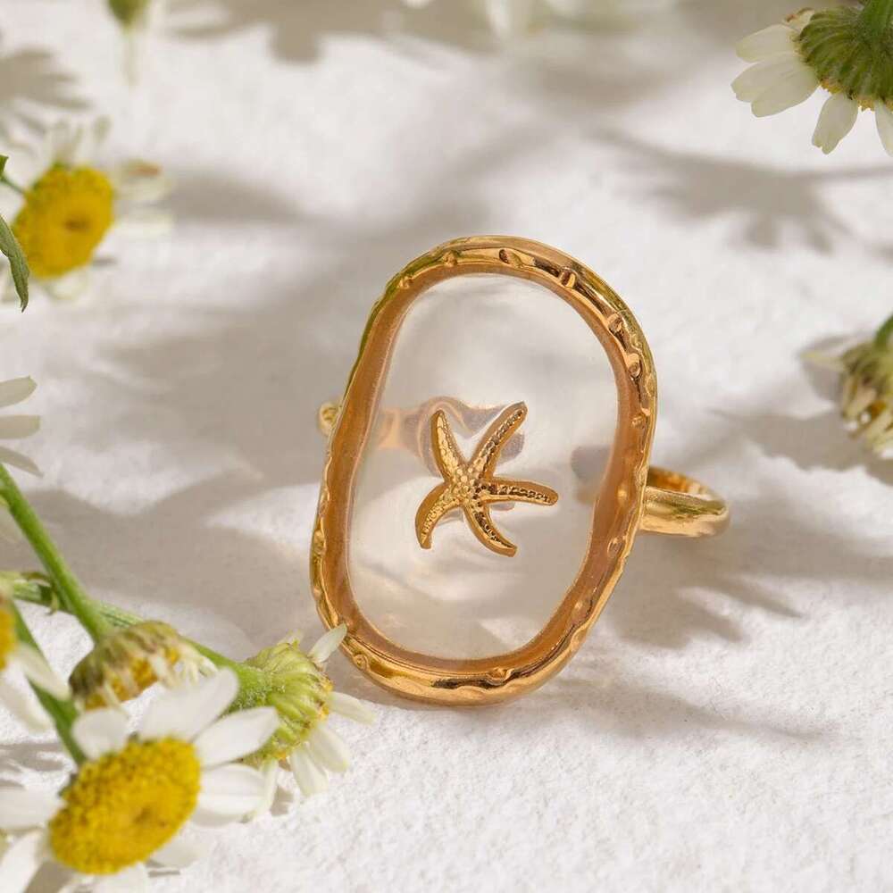 Oval Starfish Gold Plated Stainless Steel Hammer Pattern Ocean Wind Open Ring Women Anti Allergic Charm Daily Jewelry