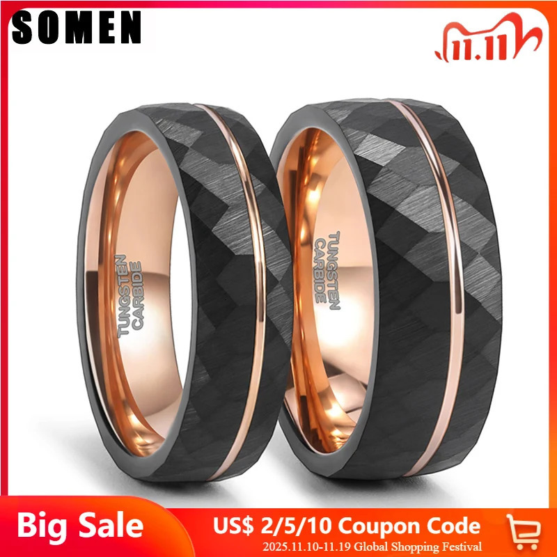 Somen Black Tungsten Rings 6mm 8mm Men Women Thin Rose Gold Color Groove Hamme Band Ring Comfort Fit 251110