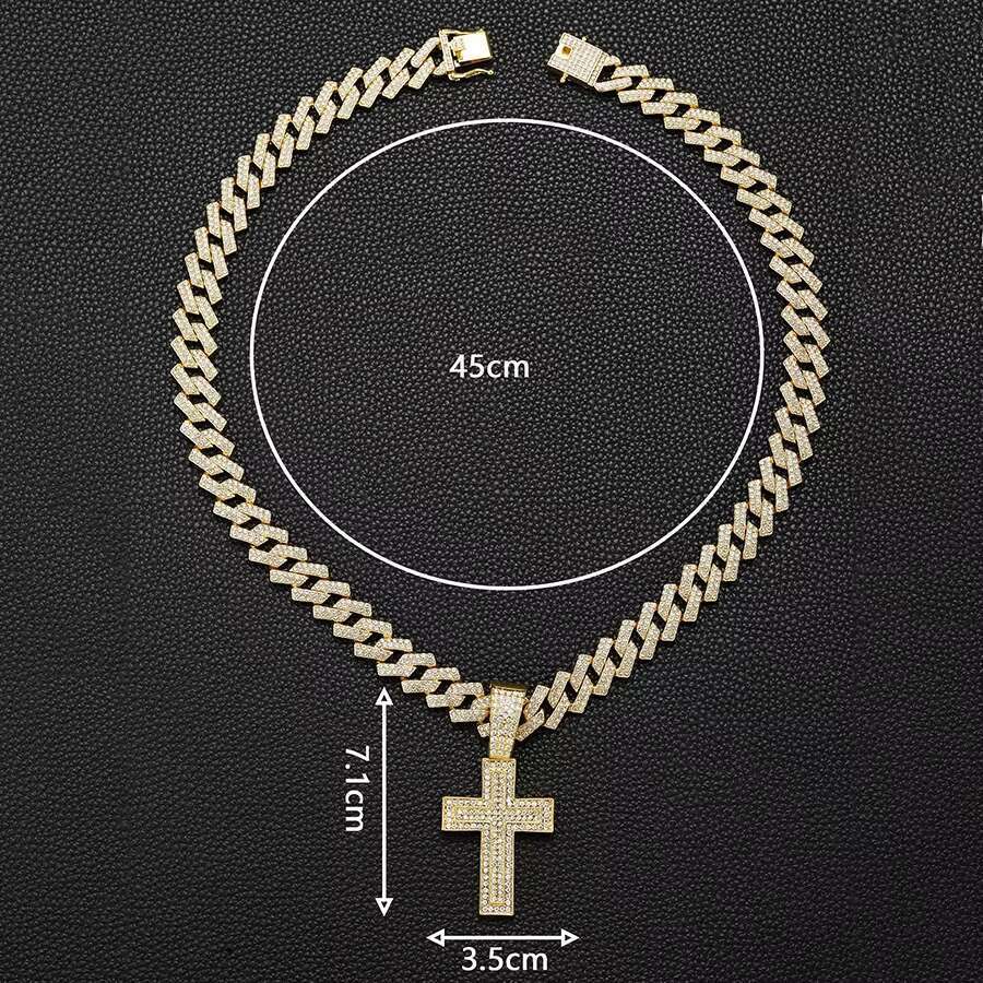 DHcollection NEW 15mm Width Iced Out Miami Chain With Hip Hop Alloy and Rhie Double Cross Pendant Necklace