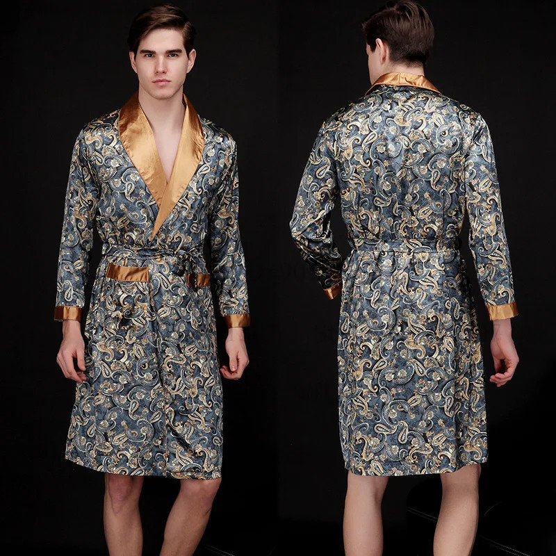 Ice Silk Robe Mens Casual Home Clothing Printed Shirts and Pants Summer and Autumn Collection Bathroom Loose Pocket Evening Dress Lounge 250409