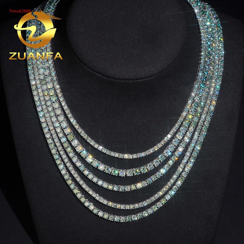 Pass Diamond Tester Hip Hop 925 Silver Color Blue Green Moissanite Diamond Tennis Chain Necklace