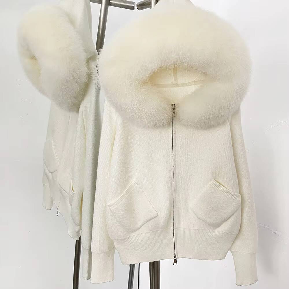 Autumn Winter Women Zipper Long Sleeve Knit Cardigan Coat Tops Hooded Detachable Big Real Fox Fur Collar Luxury Female Sweater